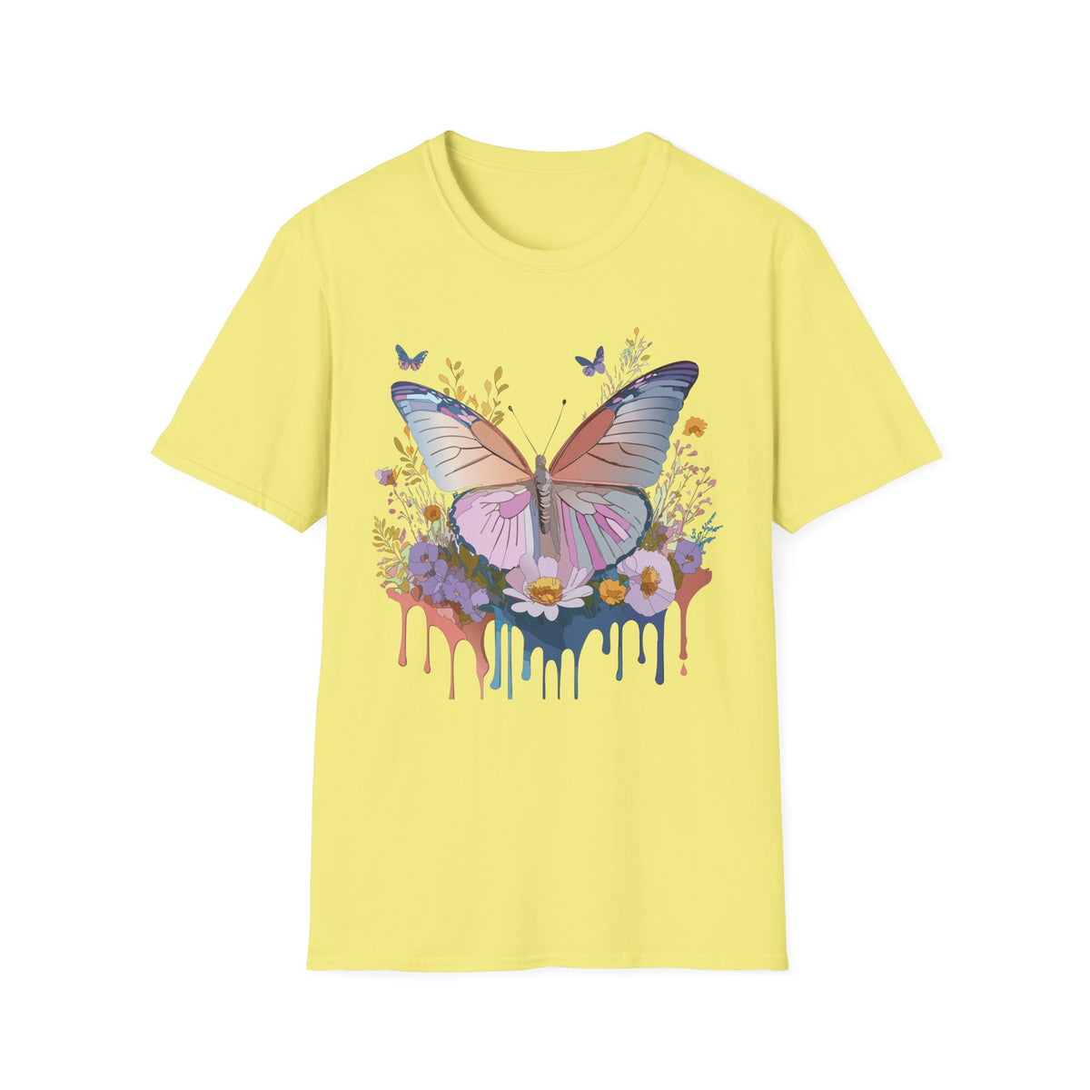 Butterfly Floral T-Shirt — Pastel Watercolor Wings with Drip Art Graphic Tee Unisex 100 Cotton Gildan T-Shirt