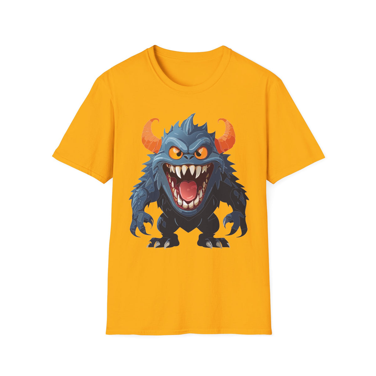 Monster Graphic T-Shirt — Fierce Blue Horned Creature Cartoon Graphic Tee Unisex 100 Cotton Gildan T-Shirt