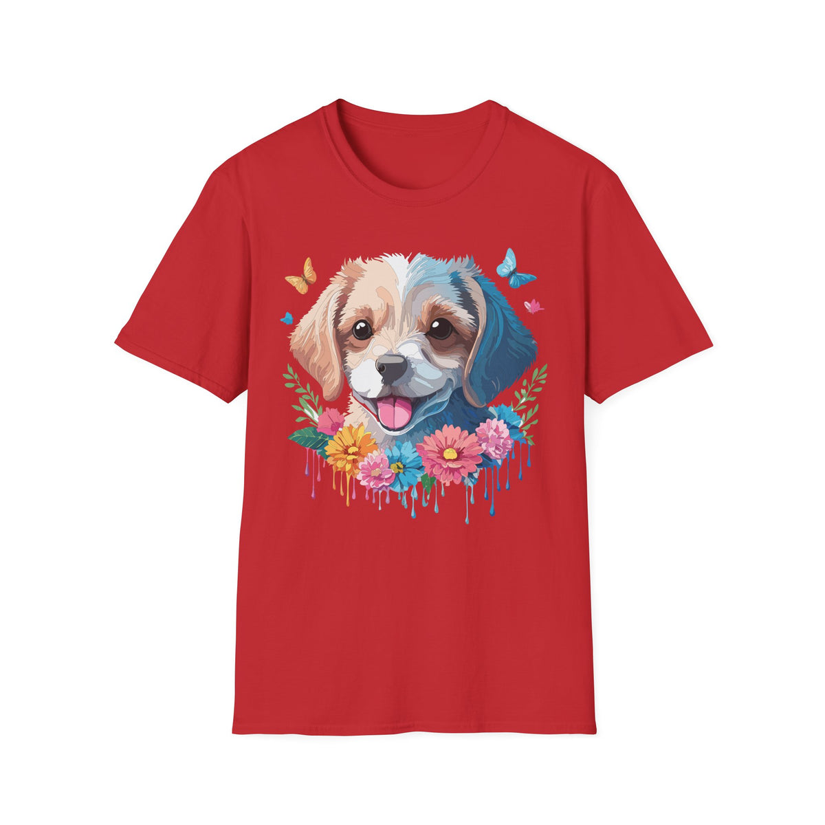 Happy Puppy Face T-Shirt | Cute Dog Portrait, Flowers & Butterflies