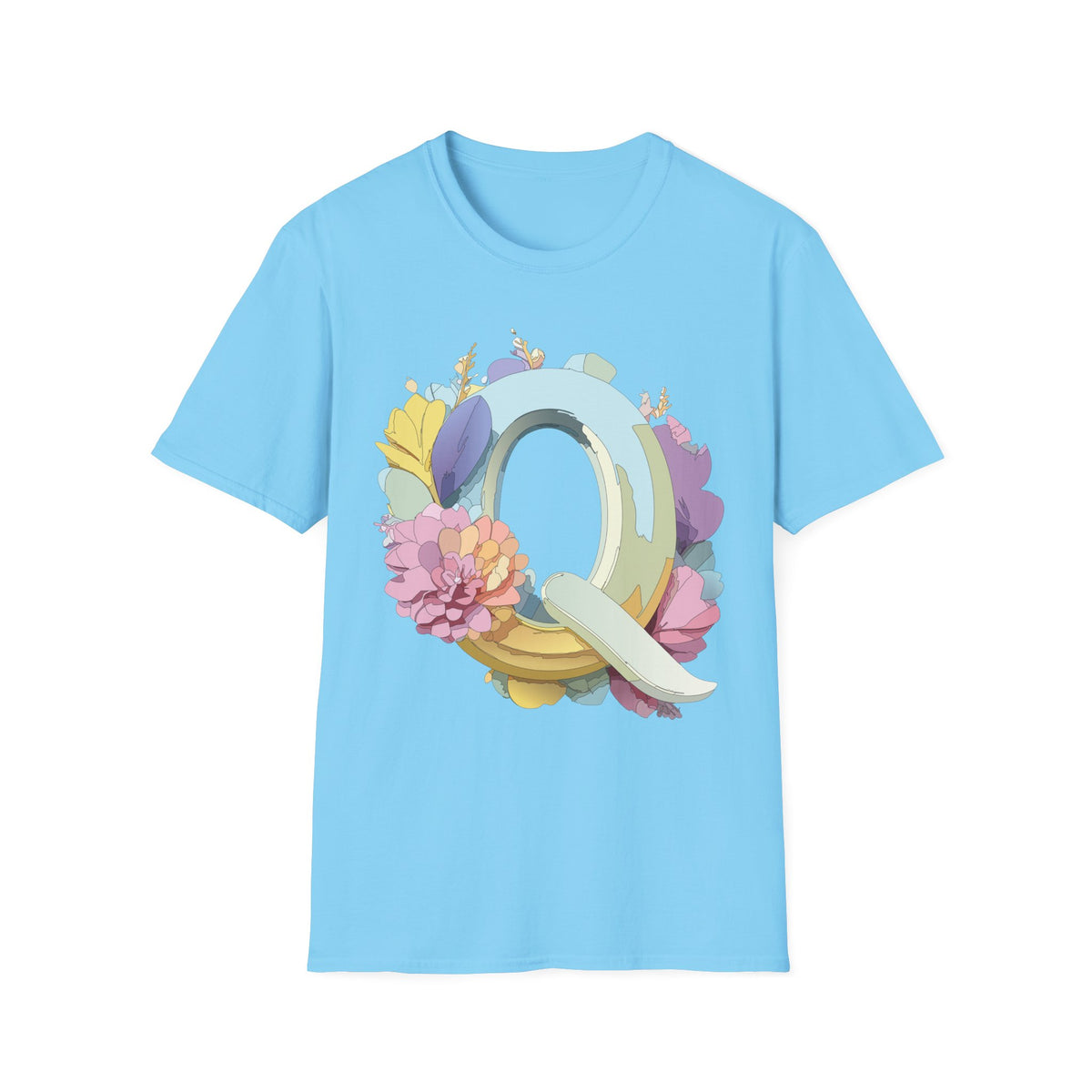 Floral Letter Q T-Shirt | Pastel Monogram Tee, Botanical Initial Shirt