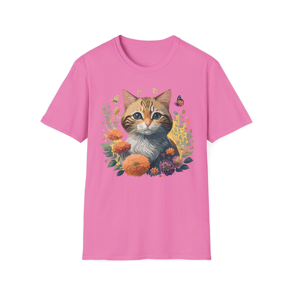 Cute Tabby Kitten Floral Illustration T-Shirt | Cat, Butterfly, Wildflowers Graphic Tee Unisex 100 Cotton Gildan T-Shirt