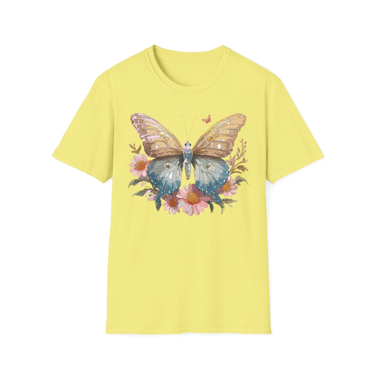 Butterfly Floral T-Shirt – Colorful Nature-Inspired Botanical Gift Graphic Design Unisex 100 Cotton Gildan T-Shirt