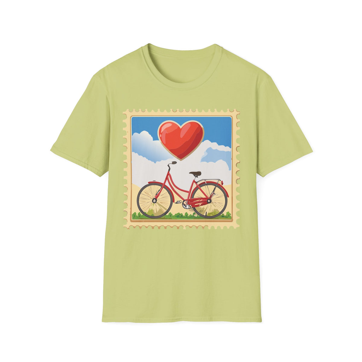 Heart Balloon Bicycle T-Shirt | Retro Stamp Illustration