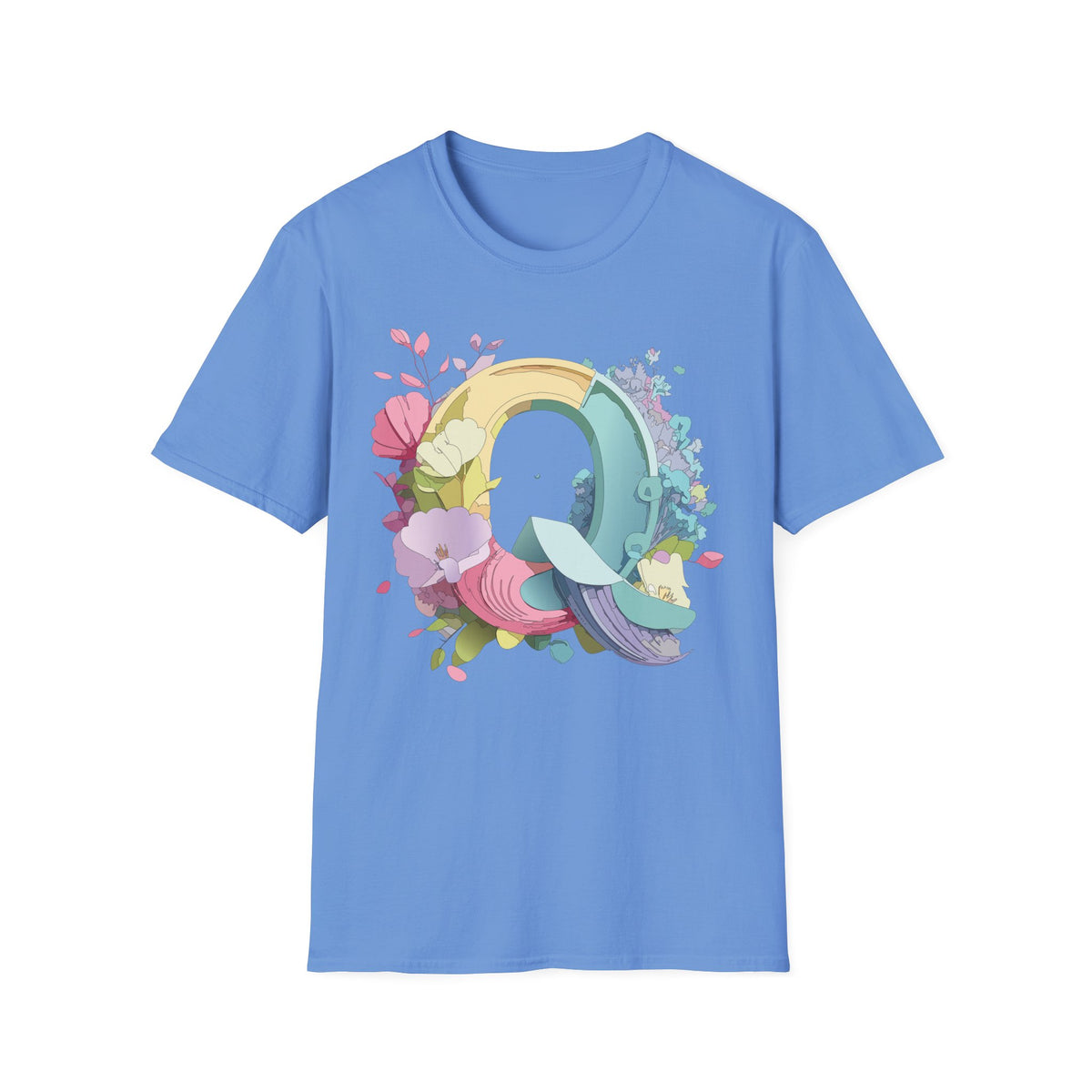 Floral Letter Q T-Shirt | Pastel Rainbow Monogram Tee