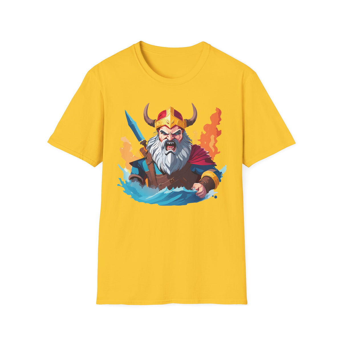 Viking Warrior Illustration T-Shirt | Horned Helmet, Sword, Flames
