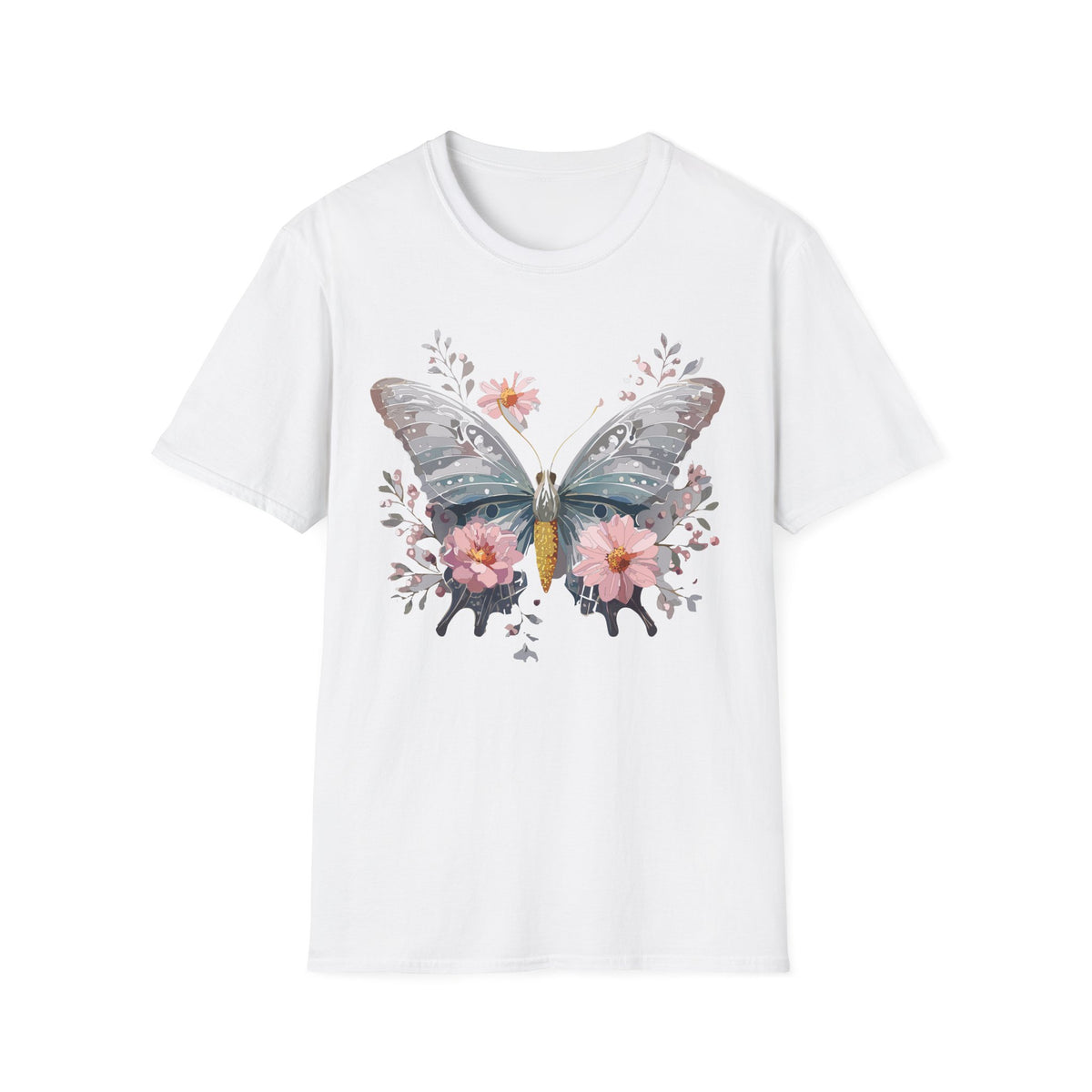 Butterfly Floral T‑Shirt — Watercolor Moth & Pink Flowers Graphic Tee Unisex 100 Cotton Gildan T-Shirt