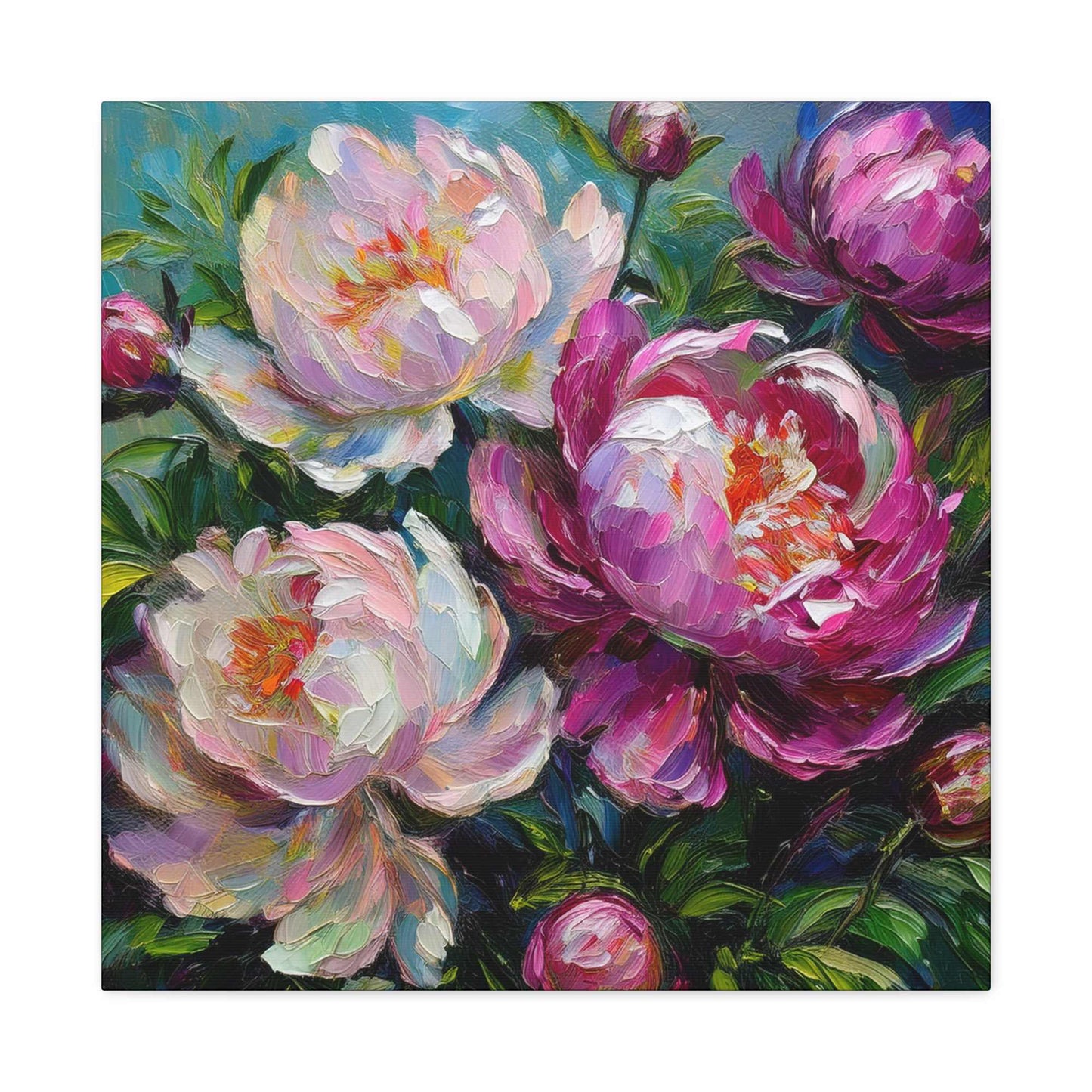 Pink Peonies Print Canvas, Floral Oil Paint Print 20x20, 24x24, 30x30, 32x32, 36x36 Art Design Pine-Wood Inner Frame MC-115