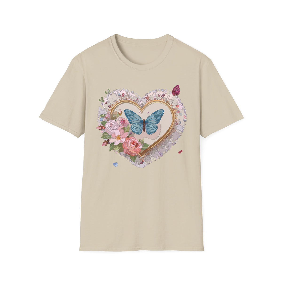 Butterfly Heart T-Shirt — Floral Blue Butterfly Graphic Tee Unisex 100 Cotton Gildan T-Shirt