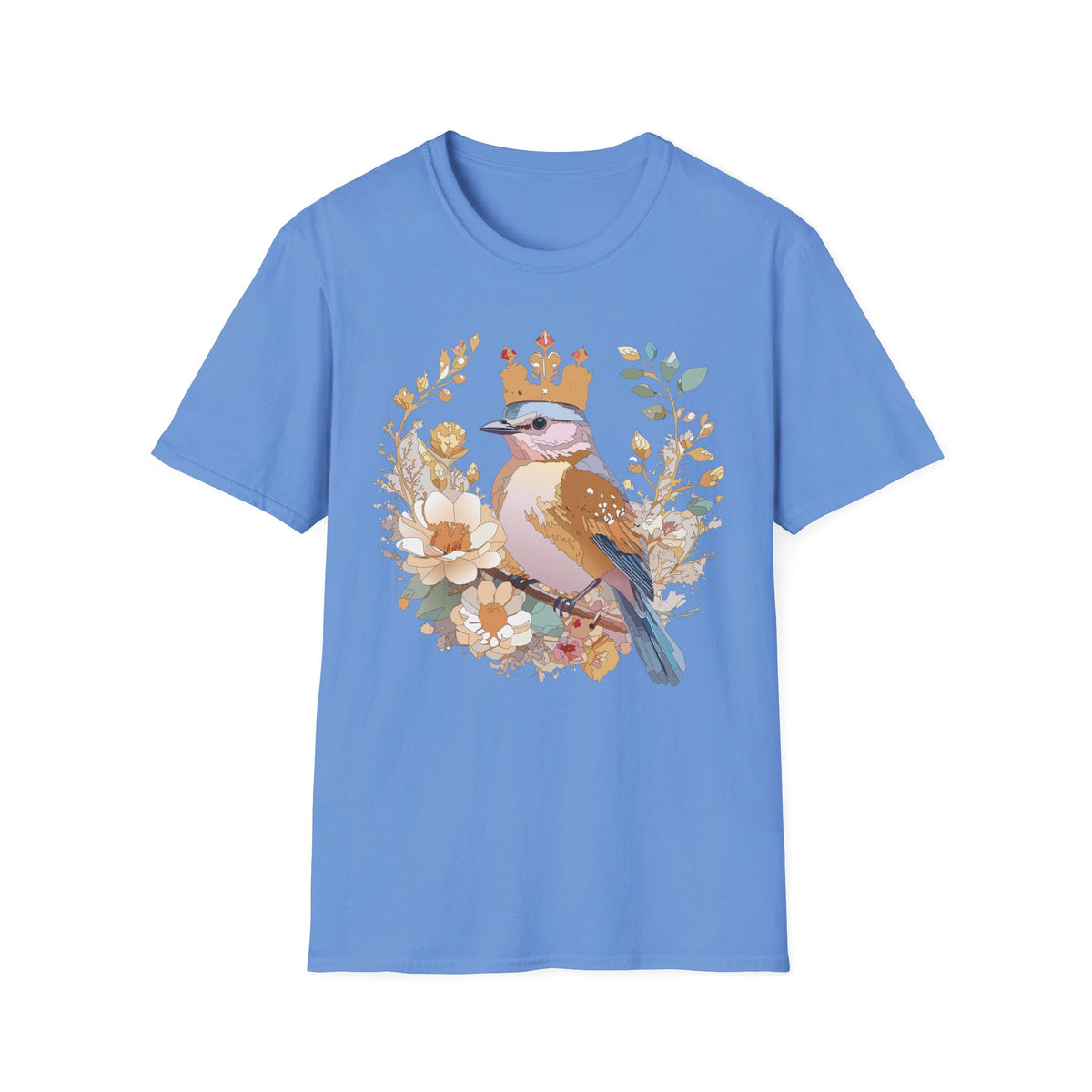 Crowned Blue Jay Bird Floral Illustration T-Shirt | Nature Bird Tee