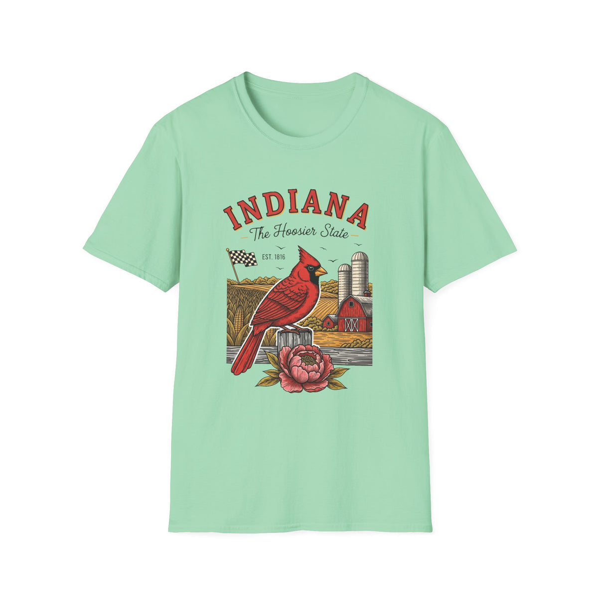 Indiana Cardinal Bird Farm Tee — Indiana The Hoosier State Graphic Travel Tourist Graphic Design Unisex 100 Cotton Gildan T-Shirt