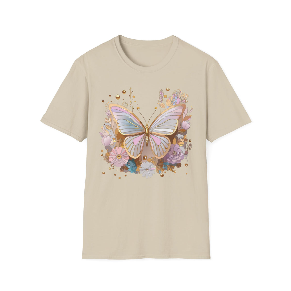 Pastel Butterfly Floral T-Shirt — Gold Accent Butterfly Graphic Design Unisex 100 Cotton Gildan T-Shirt