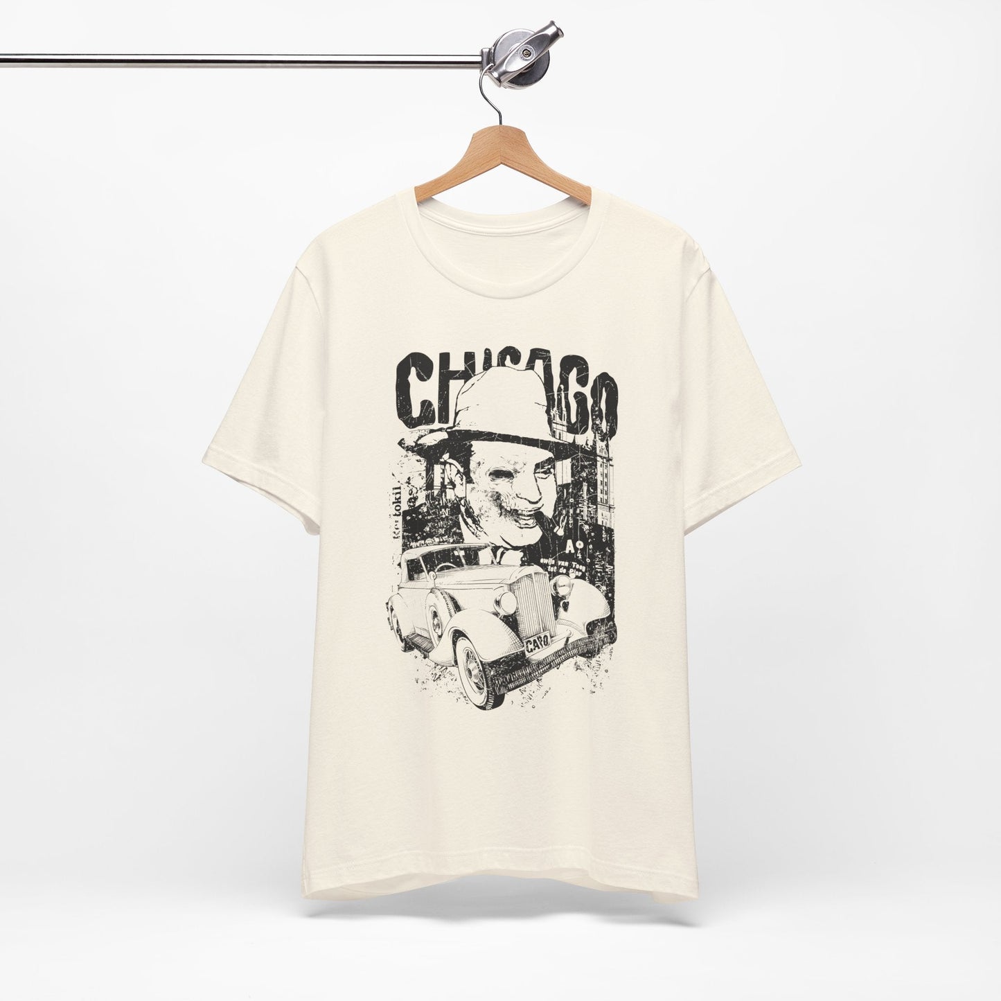 Chicago Retro Mobster Illustration Tee Vintage Car Cityscape Art Design T-Shirt A-8