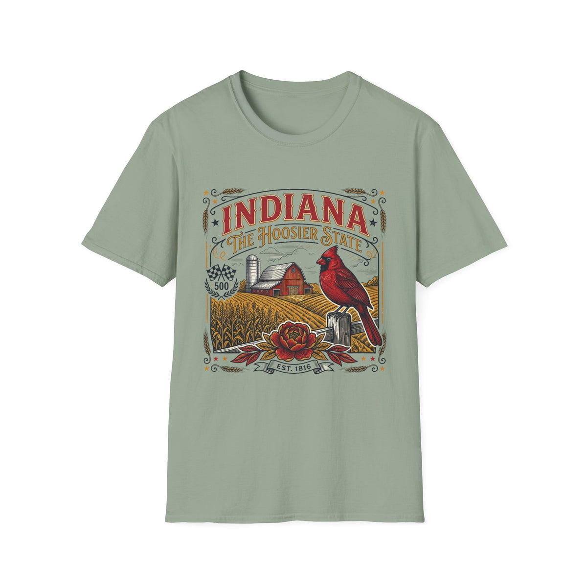 Indiana The Hoosier State T-Shirt — Farm Vintage Travel Tourist Graphic Design Unisex 100 Cotton Gildan T-Shirt