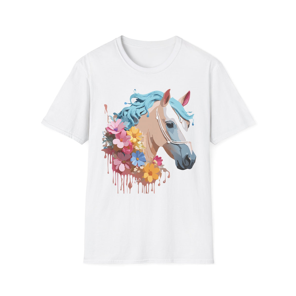 Floral Horse Illustration T-Shirt | Pastel Blue Mane, Watercolor Flowers