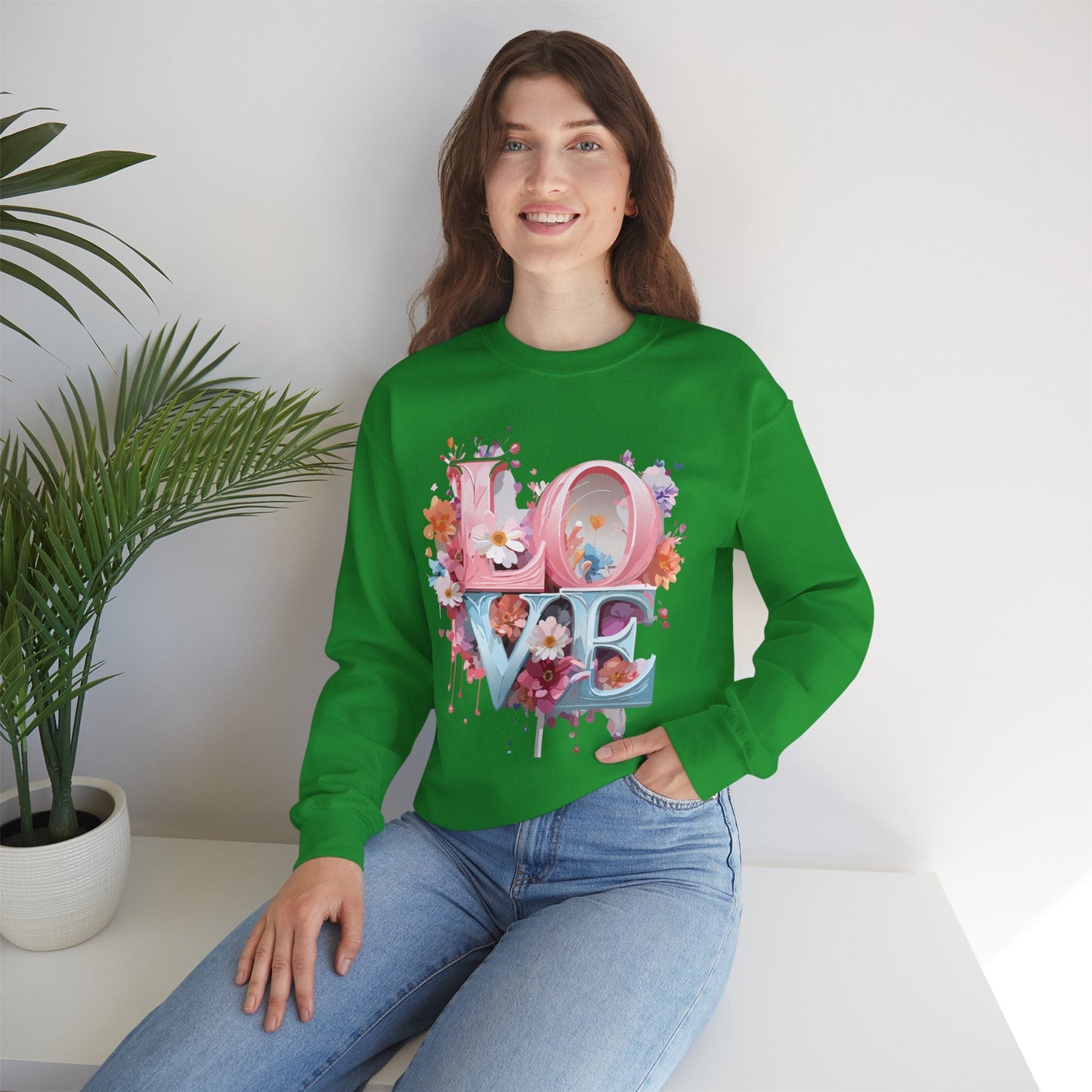 Floral Love Sweatshirt Unisex Love Flower Valentines Day Crewneck Gildan 18000 50 50 Cotton Polyester