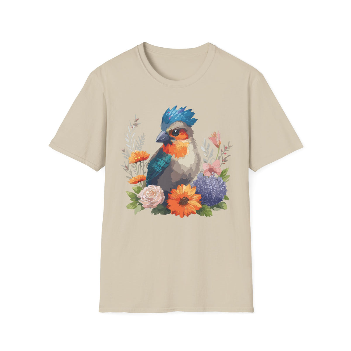Colorful Crested Bird T-Shirt | Watercolor Floral Illustration