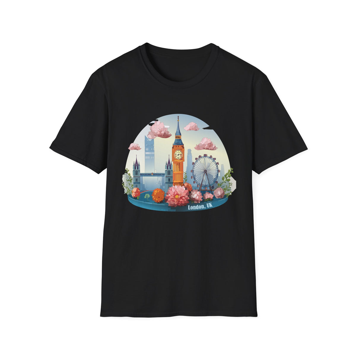 Whimsical London Skyline T-Shirt | Big Ben, London Eye, pastel clouds