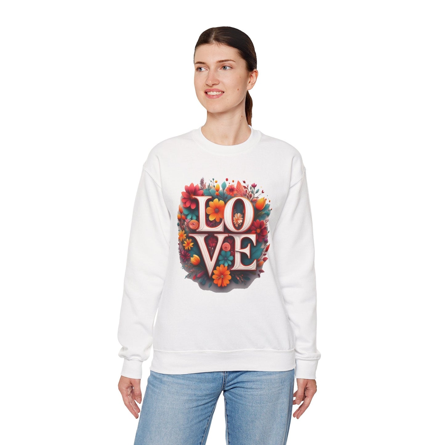 Floral Love Valentines Day Sweatshirt Unisex Heavy Blend Crewneck 50/50 Cotton Polyester Gildan 18000