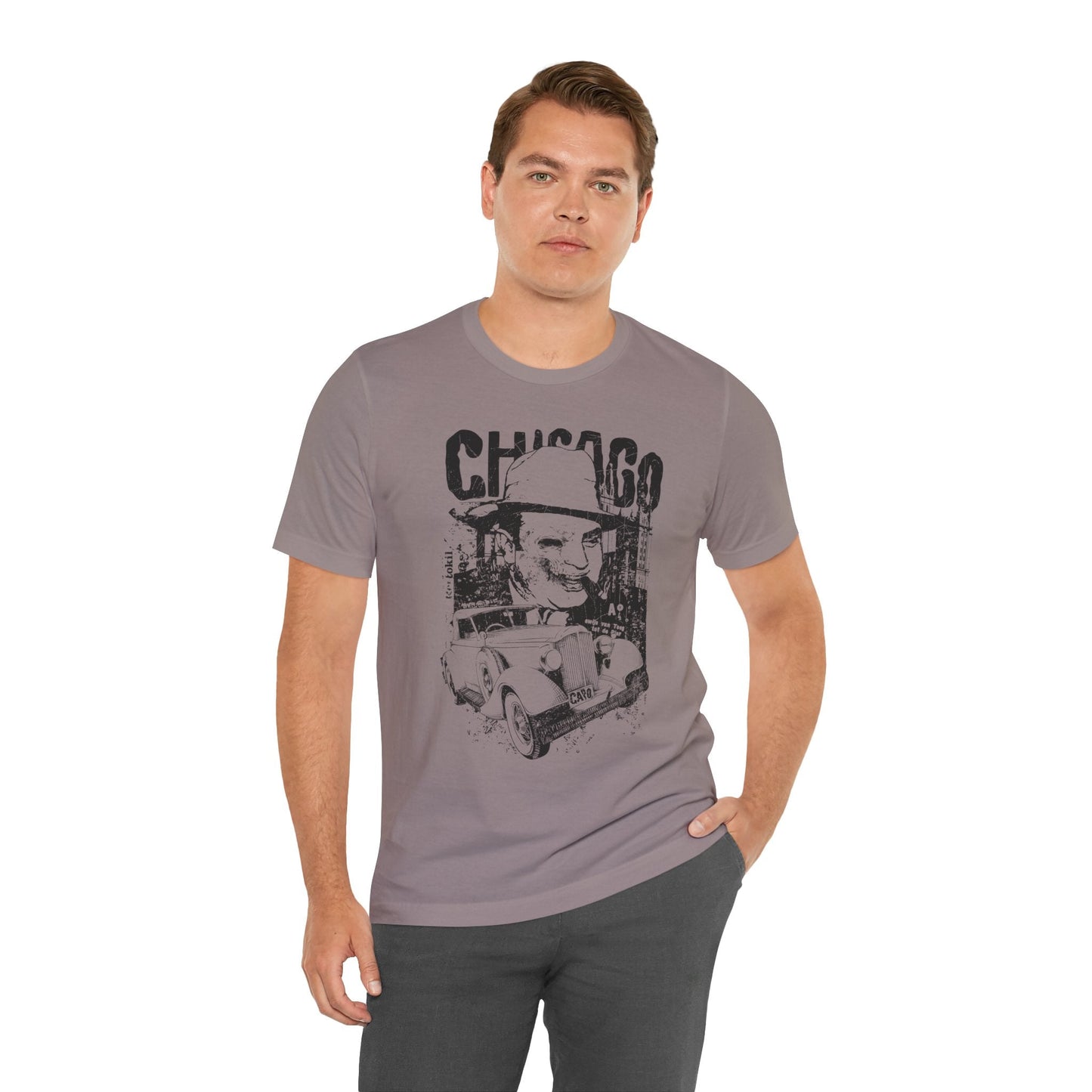 Chicago Retro Mobster Illustration Tee Vintage Car Cityscape Art Design T-Shirt A-8