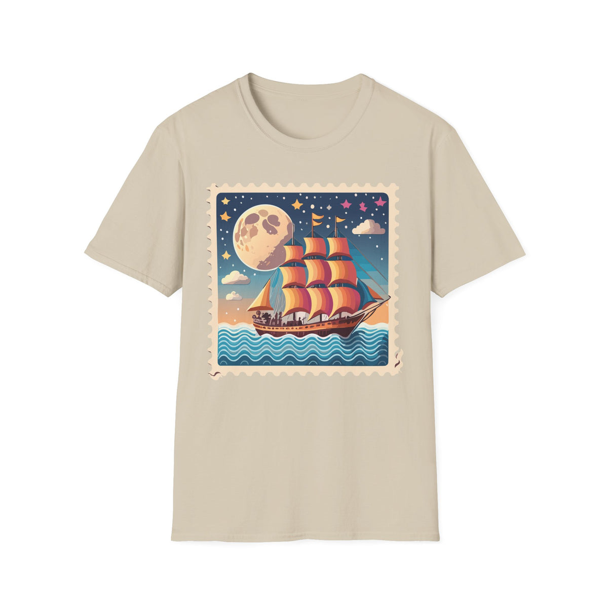 Vintage Sailboat Moon Illustration T-Shirt | Nautical Night Sky
