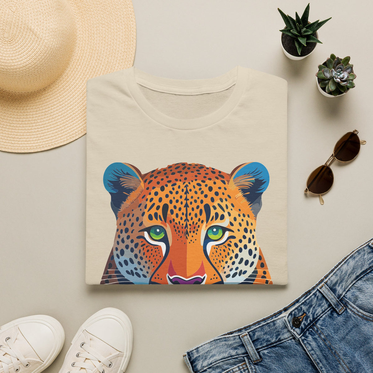 Colorful Leopard Face T-Shirt | Vibrant Big Cat Illustration