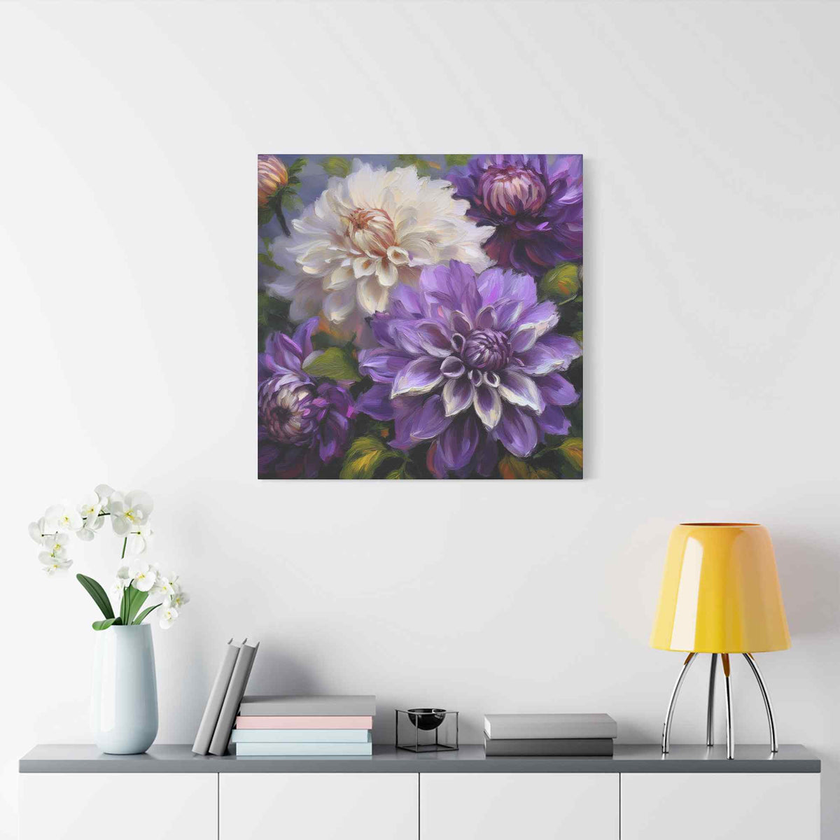 Dahlias Floral Print Canvas, Floral Oil Paint Print 20x20, 24x24, 30x30, 32x32, 36x36 Art Design Pine-Wood Inner Frame MC-172
