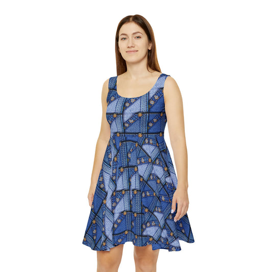 Women Denim Print Skater Dress, Denim Print Poly-Span Dress - 30