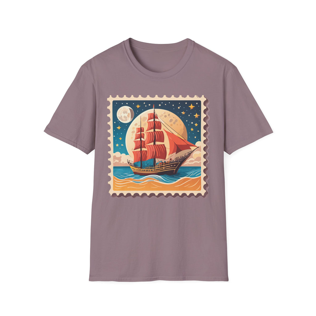 Vintage Sailing Ship Stamp T-Shirt | Retro Moonlit Ocean Illustration