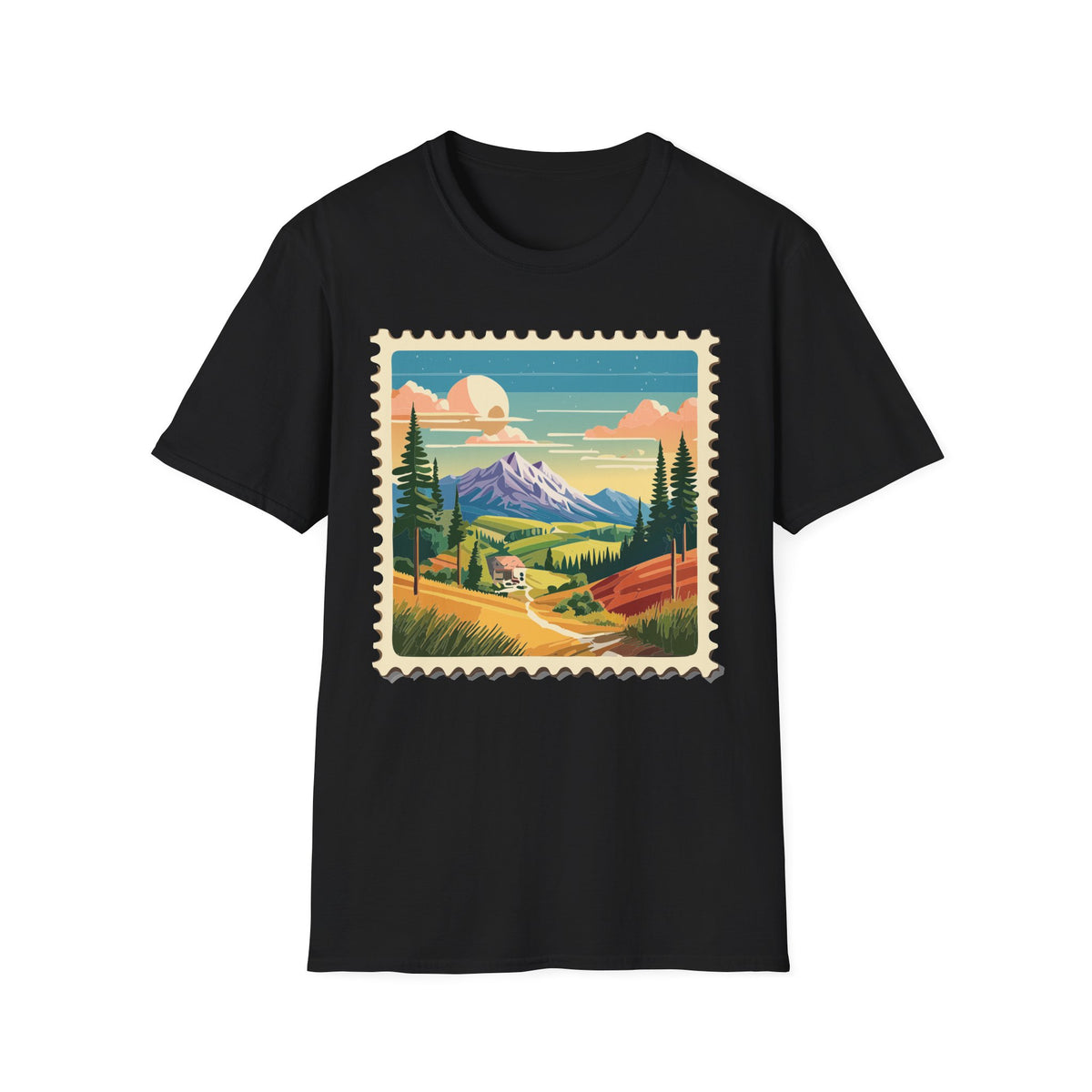 Mountain Landscape Stamp T-Shirt | Retro Sunset Scenic Tee