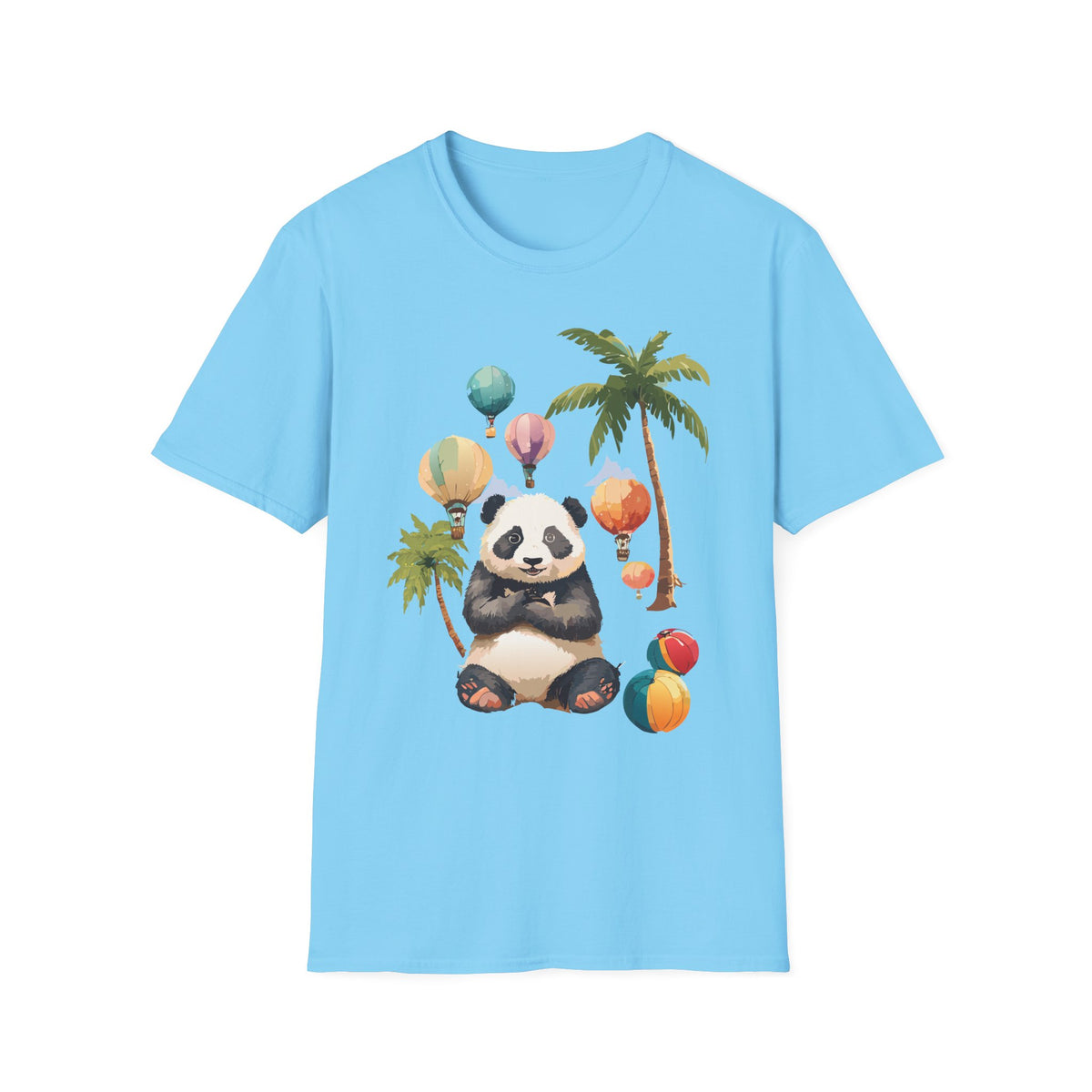 Panda with Hot Air Balloons T-Shirt | Palm Trees, Cute Animal Illustration