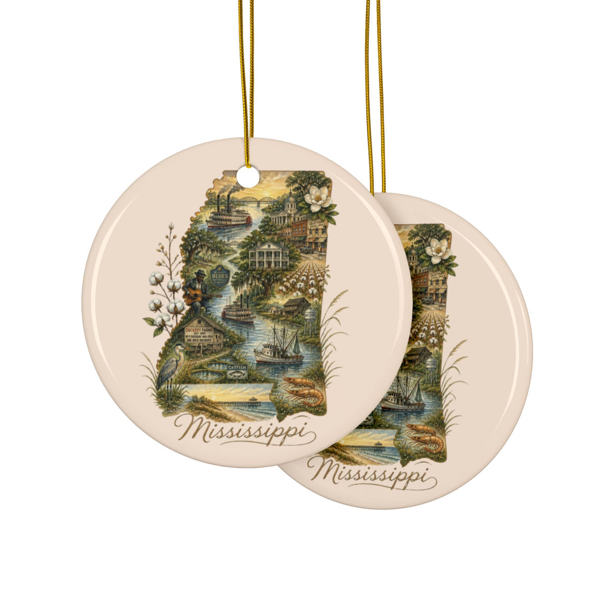 Mississippi State Map Illustration Ceramic Ornament | Round Double-Sided - 2.99" Includes Gold String