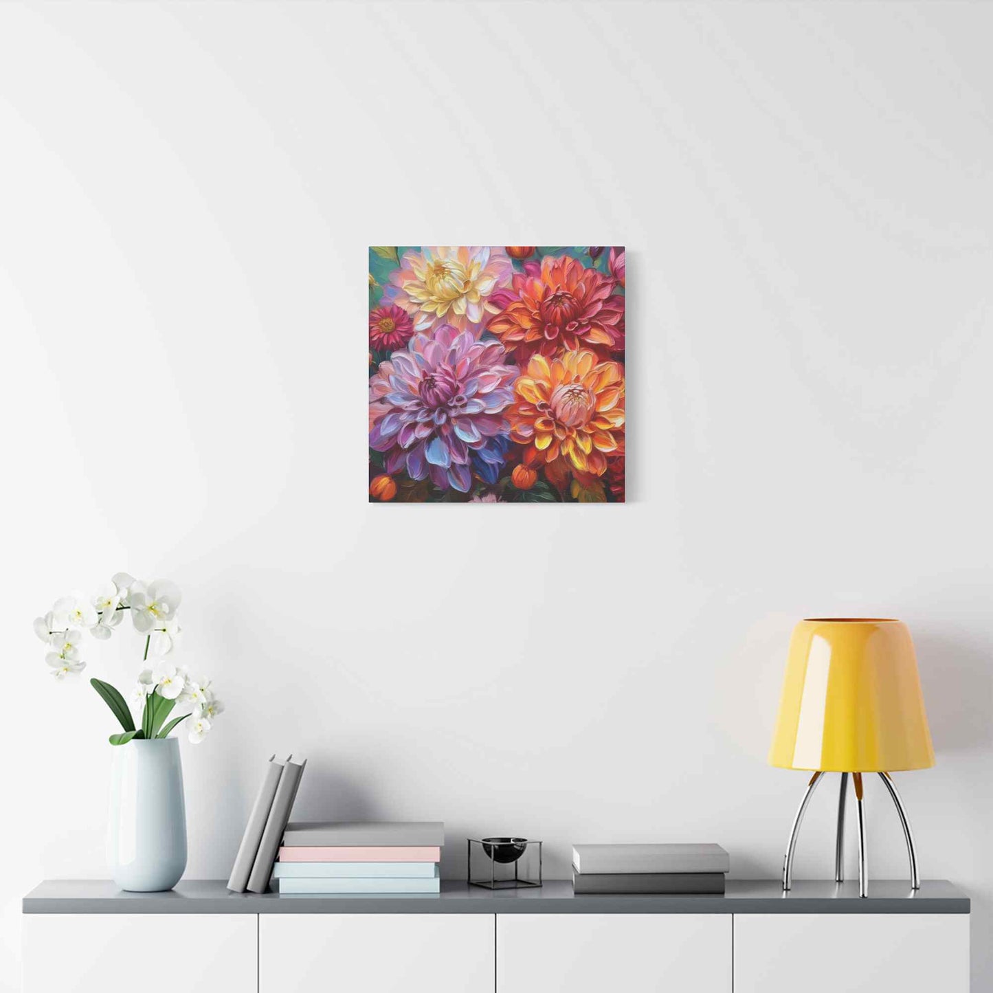 Dahlias Floral Print Canvas, Floral Oil Paint Print 20x20, 24x24, 30x30, 32x32, 36x36 Art Design Pine-Wood Inner Frame MC-167