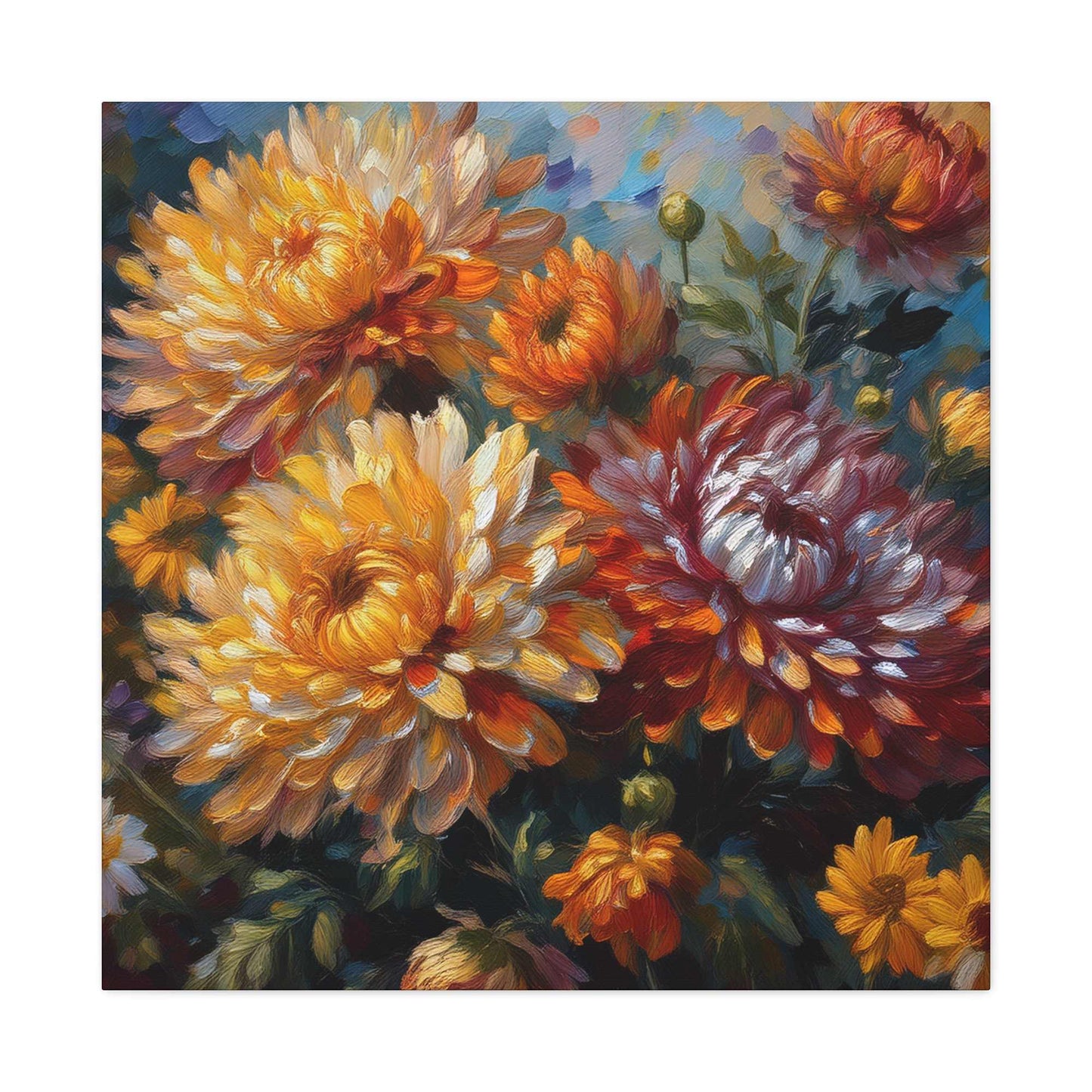 Chrysanthemums Print Canvas, Floral Oil Paint Print 20x20, 24x24, 30x30, 32x32, 36x36 Art Design Pine-Wood Inner Frame MC-157