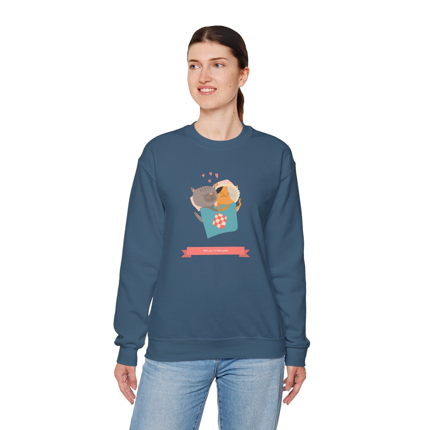 Cat Heart Sweatshirt Unisex Valentines Day 50 50 Cotton Poly Crewneck Gildan 18000