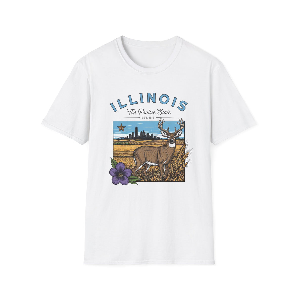 Illinois Deer State T-Shirt — The Prairie State Travel Tourist Graphic Design Unisex 100 Cotton Gildan T-Shirt