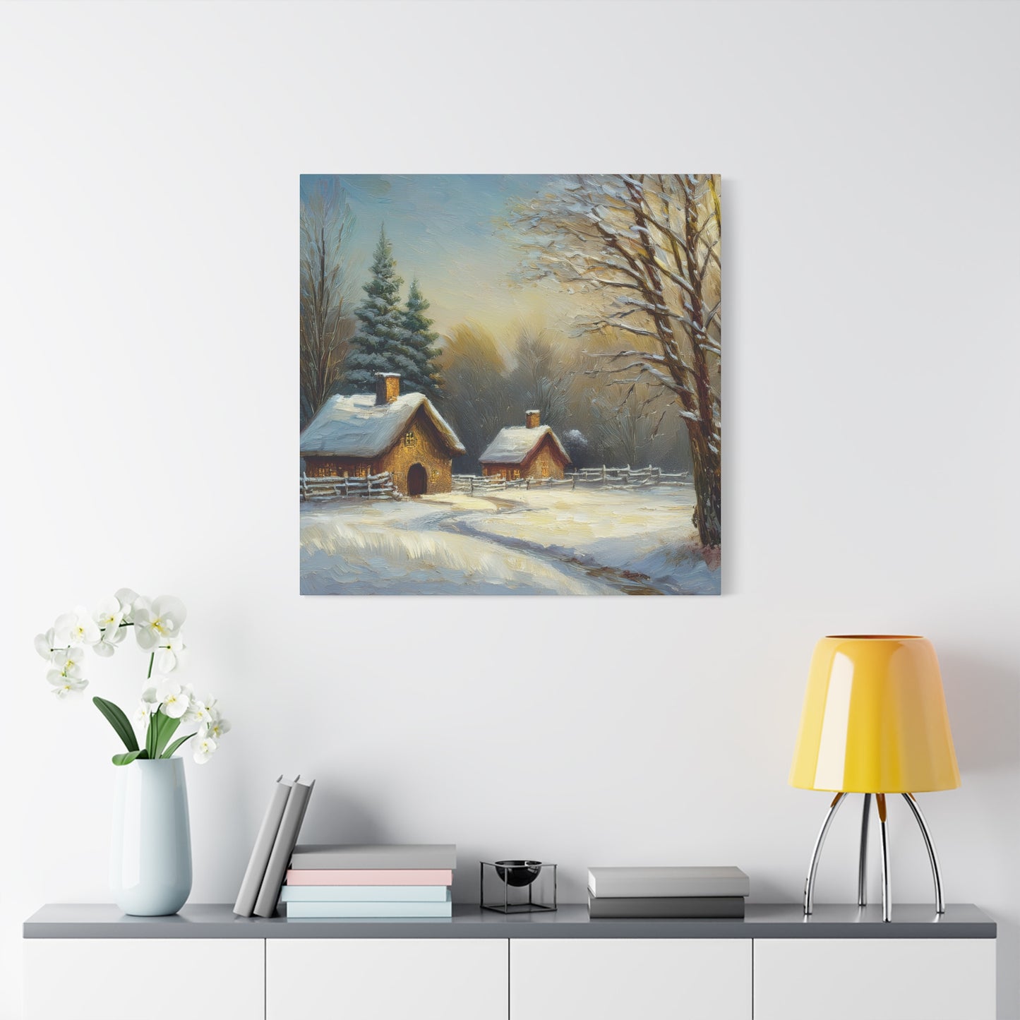 Countryside Winter Print Canvas, Oil Paint Print 20x20, 24x24, 30x30, 32x32, 36x36 Art Design Pine-Wood Inner Frame MC-113