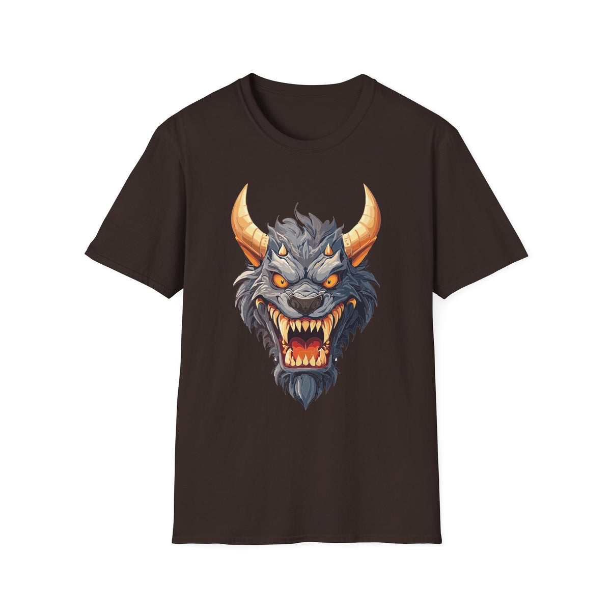 Demonic Beast Head T-Shirt — Horned Monster Cartoon Graphic Tee Unisex 100 Cotton Gildan T-Shirt