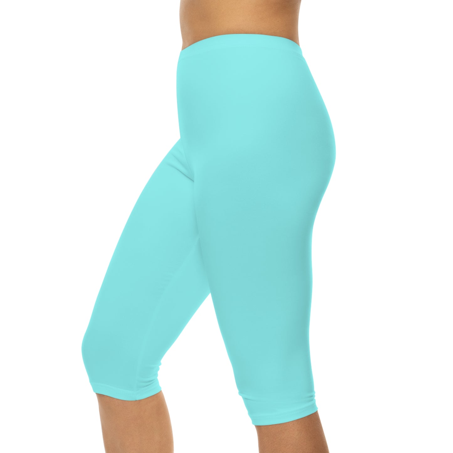Pale Cyan Blue Color Women's Brushed Suede Poly Span Casual Capri Leggings XS-2XL