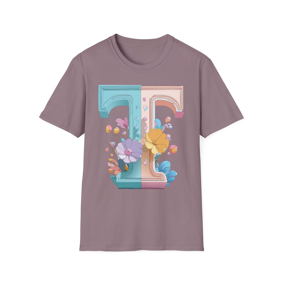 Floral Split Letter T-Shirt T Pastel Floral Initial Tee