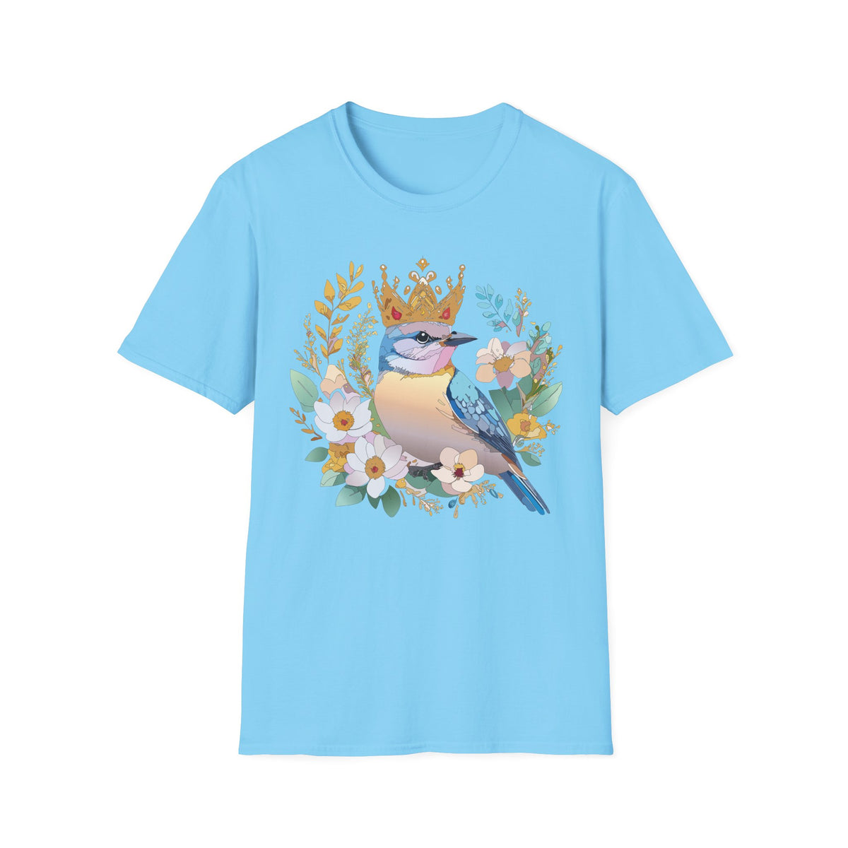 Crowned Bluebird Illustration T-Shirt | Floral Bird Crown Design