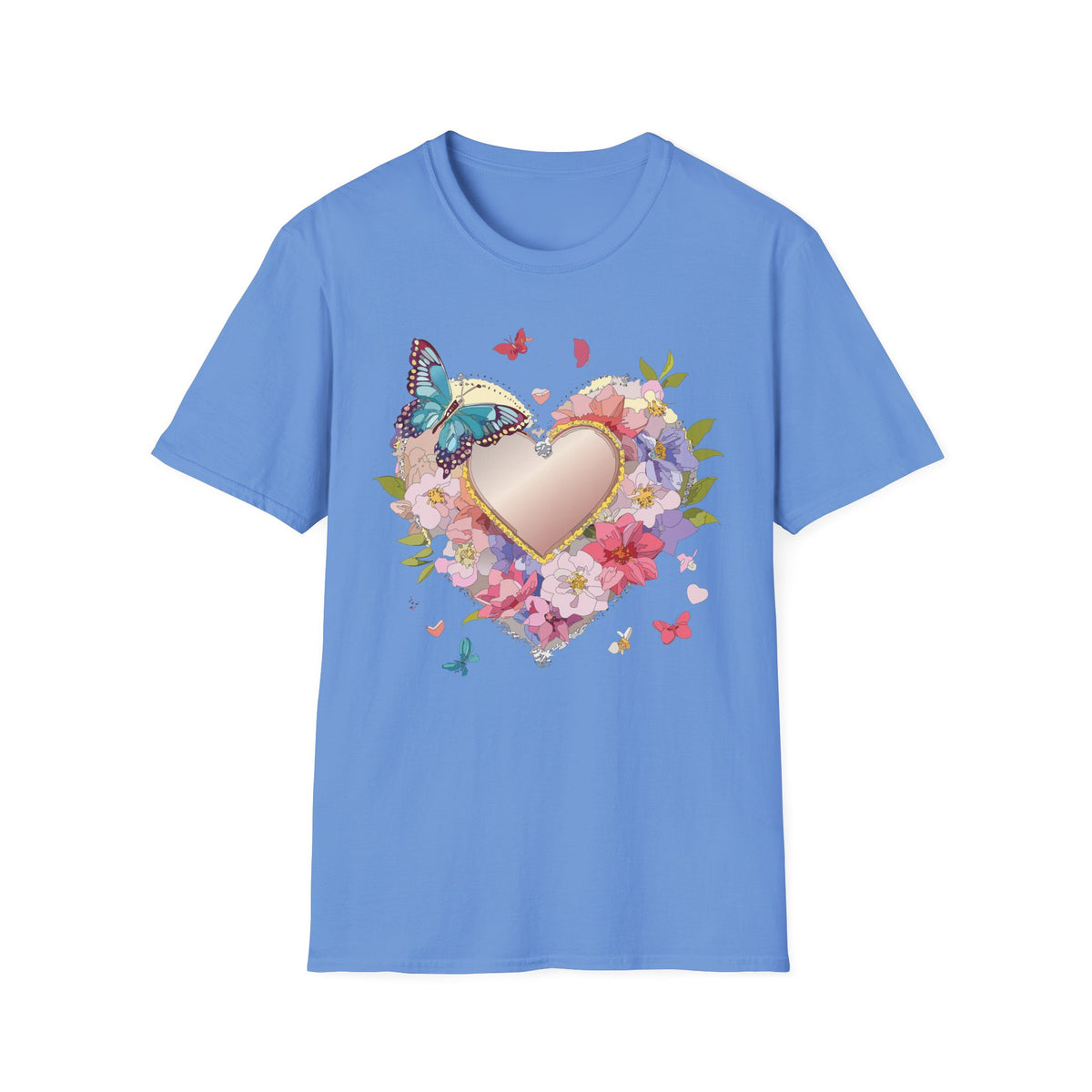 Butterfly Floral Heart Pink Gold Heart with Flowers and Butterflies Graphic Design Unisex 100 Cotton Gildan T-Shirt