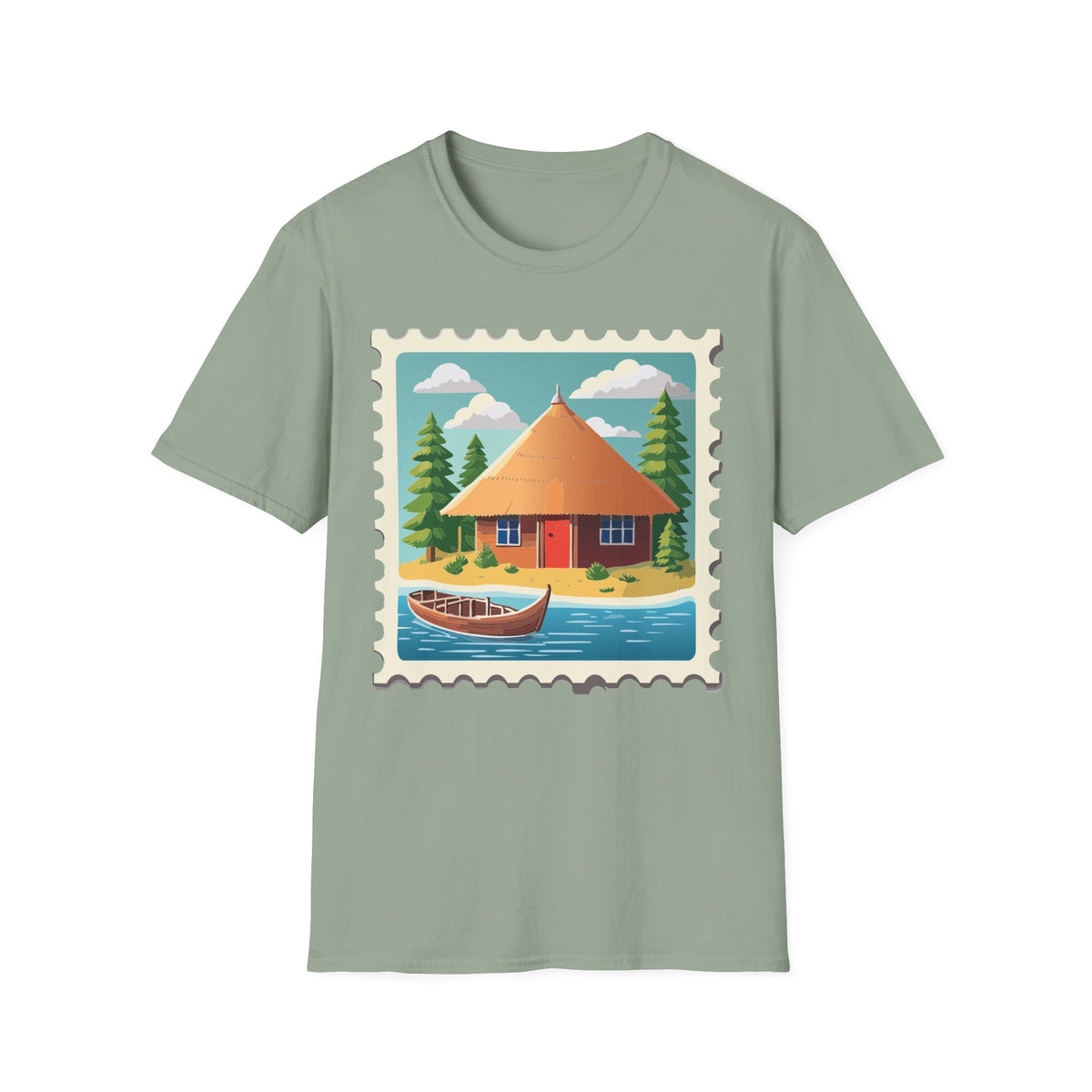 Cozy Lakeside Cottage Illustration T-Shirt | Retro Stamp Artwork
