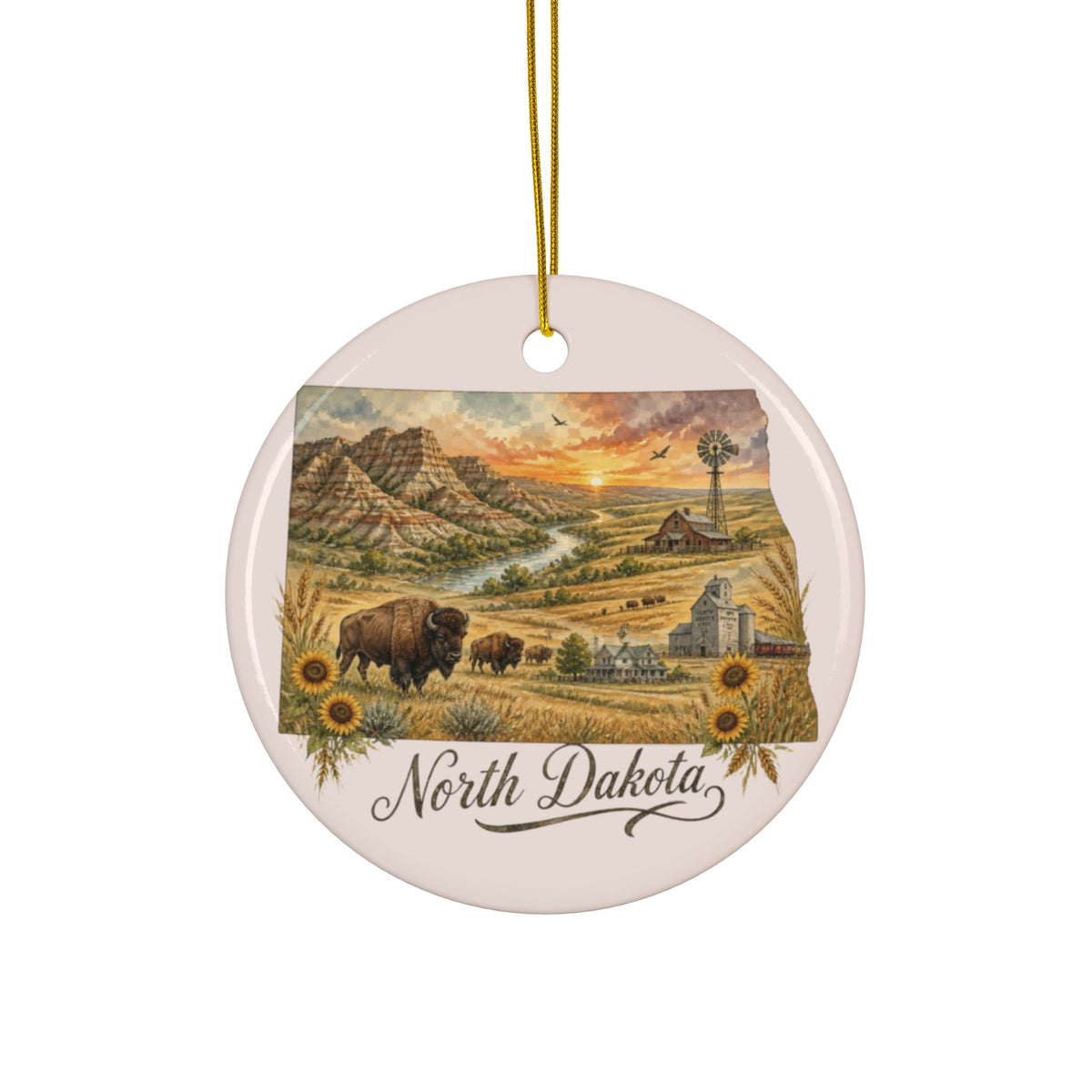 North Dakota Scenic Illustration Ornament | Ceramic Round Ornament - 2.99" Includes Gold String