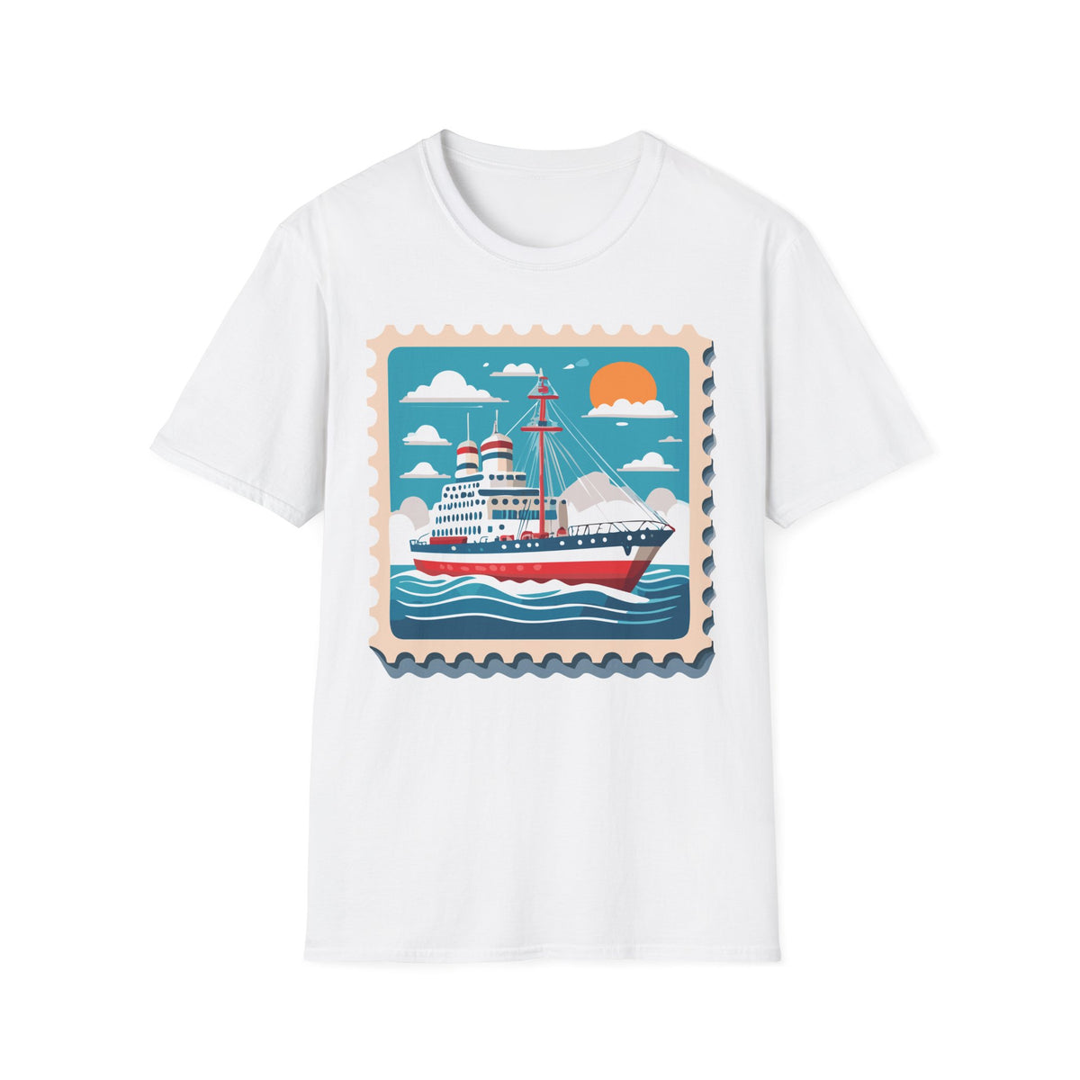 Vintage Cruise Ship Stamp T-Shirt | Nautical Ocean Sunset Design