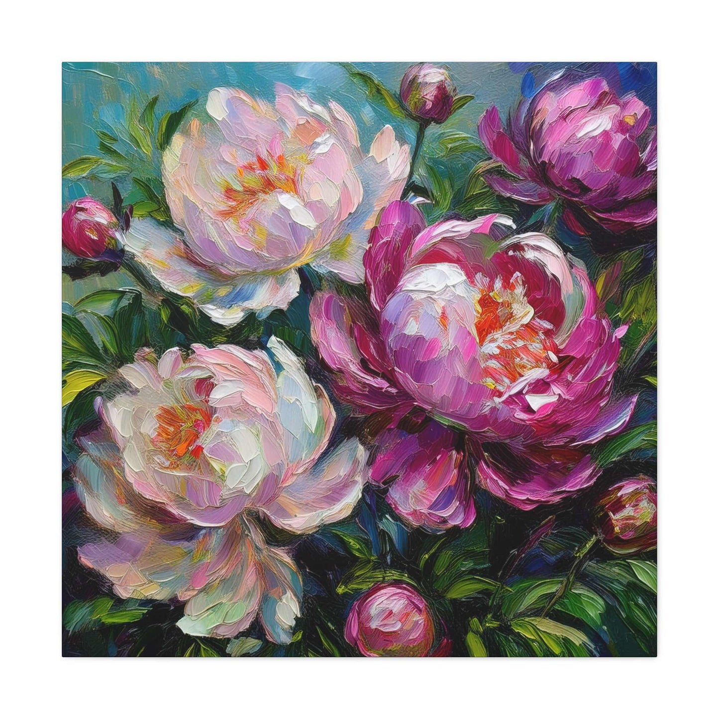 Pink Peonies Print Canvas, Floral Oil Paint Print 20x20, 24x24, 30x30, 32x32, 36x36 Art Design Pine-Wood Inner Frame MC-115