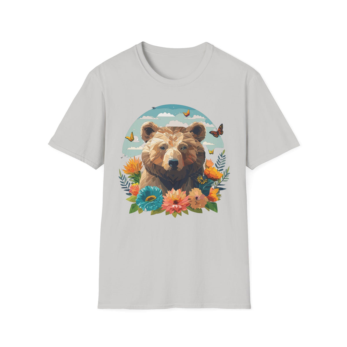 Brown Bear Illustration T-Shirt | Floral, Butterflies, Nature Scene Graphic Tee Unisex 100 Cotton Gildan T-Shirt