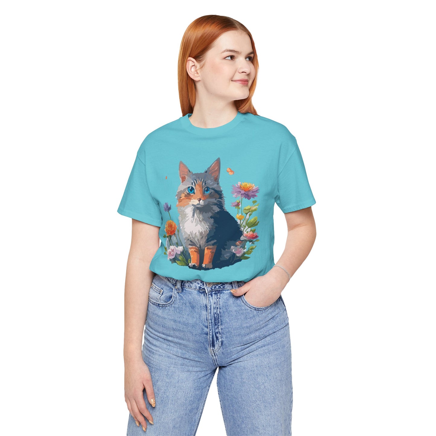 Floral Cat Tee, Animal Shirt, Cat Shirt, Floral Tee, Flower T-shirt, T-Shirt with Animal, Summer Top with Art Design