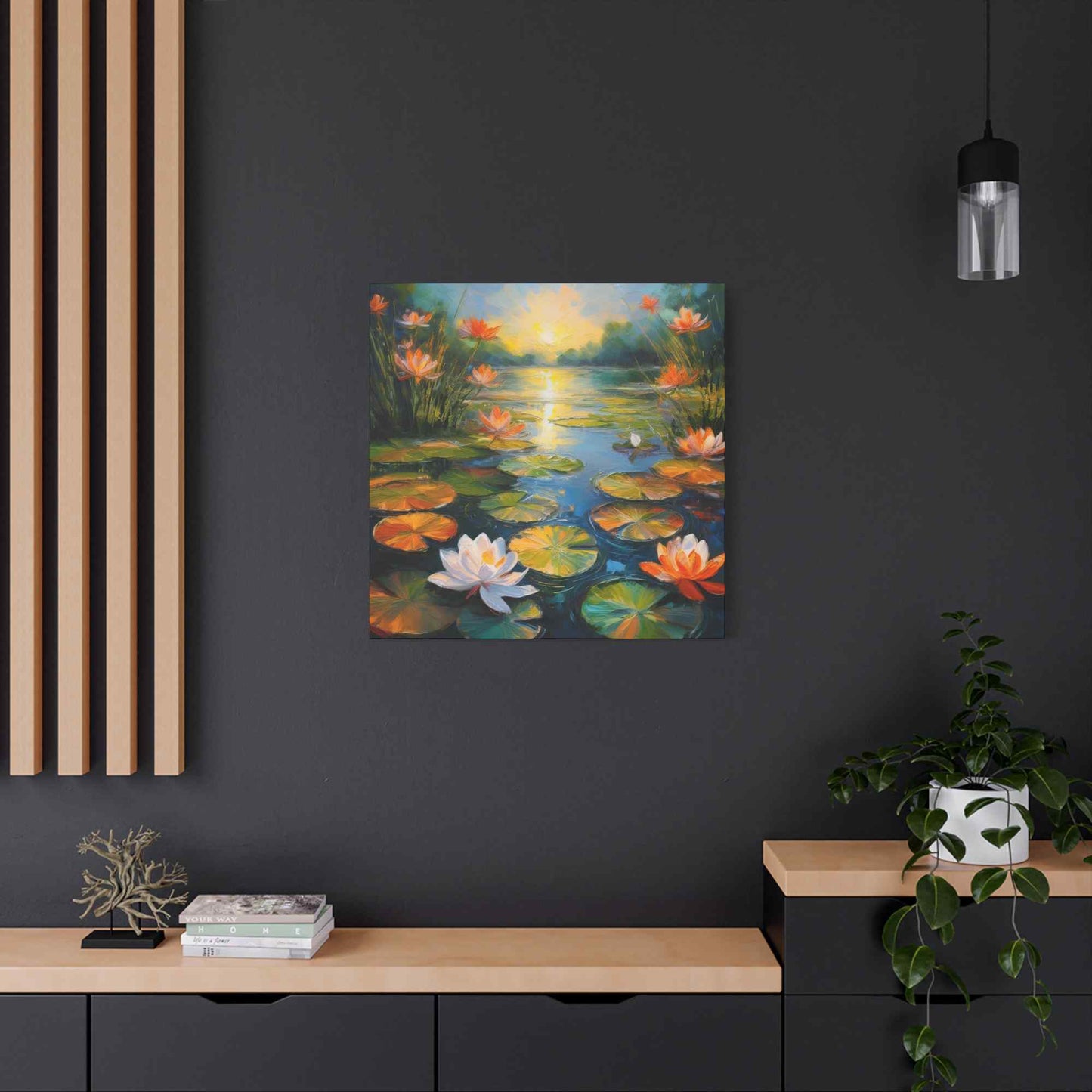 Water Lilies Print Canvas, Oil Paint Print 20x20, 24x24, 30x30, 32x32, 36x36 Art Design Print Pine-Wood Inner Frame MC-63