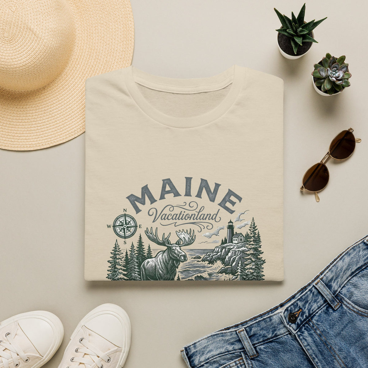 Maine Wilderness Moose Graphic T-Shirt — Vintage State Nature Travel Tourist Graphic Design Unisex 100 Cotton Gildan T-Shirt