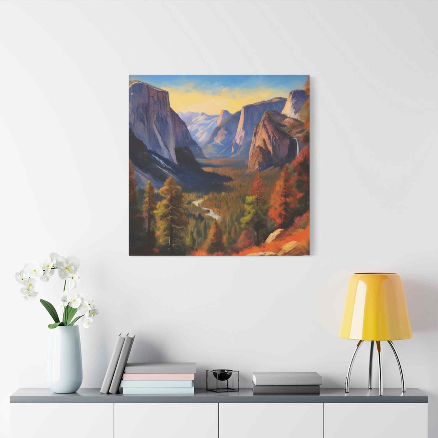 Yosemite Valley Print Canvas, Oil Paint Print 20x20, 24x24, 30x30, 32x32, 36x36 Art Design Print Pine-Wood Inner Frame MC-61